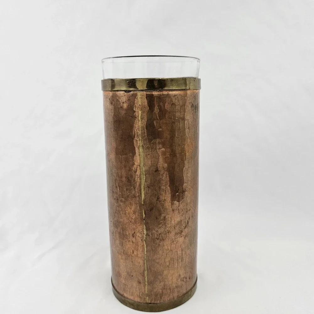 Hammered Copper Vase Applied Brass Flower Vintage Folk Art Arts & Crafts